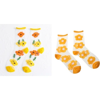 Корейские женские носки до щиколоток из хрустального волокна Harajuku, Сладкие Прозрачные чулочно-носочные изделия с цветочной вышивкой ярких конфетных цветов