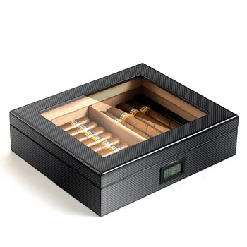 Электрический хьюмидор из черного кедра, Уникальная деревянная коробка для сигар с логотипом на заказ, с окошком, коробка с цифровым гигрометром для хранения сигар