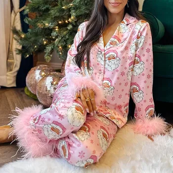 Женский пижамный комплект из 2 предметов, нижнее белье с рождественским принтом в виде перьев, рубашка с длинным рукавом и отворотом, топы и брюки, комплекты пижам