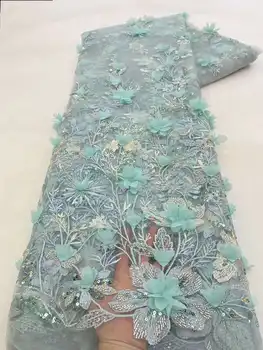 Роскошная африканская кружевная ткань 2024 года, 5 ярдов Дубайского тюля, кружевная ткань с 3D бисером, вышитый цветок, Нигерийская ткань для шитья