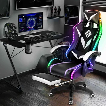 Игровое Кресло с RGB Подсветкой, Офисное Кресло, Компьютерное Кресло Для Геймеров, Эргономичное Вращающееся Кресло с 2-Точечным Массажем и Откидыванием на 135 ° с Подставкой Для ног