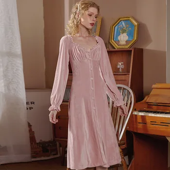 Милое розовое ночное платье на пуговицах, винтажная зимняя кружевная ночная рубашка, Романтическая пижама принцессы, ночная рубашка, женская бархатная ночная рубашка с V-образным вырезом