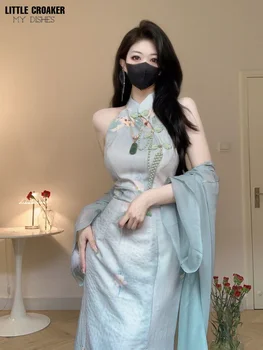 Женское Новое Китайское Ципао с подвешенной шеей, Улучшенный Летний Чонсам для девочек, Молодежный темперамент высокого класса, Маленькое Сексуальное платье с разрезом