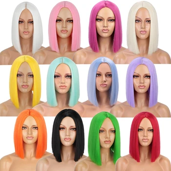 Парик с короткой стрижкой, синтетические парики с прямыми волосами, красочный косплей-парик со средней линией роста волос для женщин, термостойкий, черный, синий, розовый