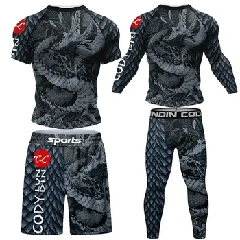 Мужской компрессионный боксерский комплект Спортивный костюм MMA BJJ Rashguard для тренировок для бега, спортивная одежда для бодибилдинга, одежда для фитнеса в тренажерном зале