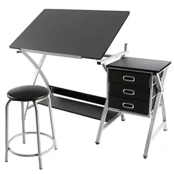 Регулируемый стальной чертежный стол с табуреткой, черный