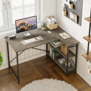 Небольшой L-образный письменный стол с полками для хранения, 47-дюймовый угловой компьютерный стол, письменный стол для домашнего офиса, небольшое пространство, серый