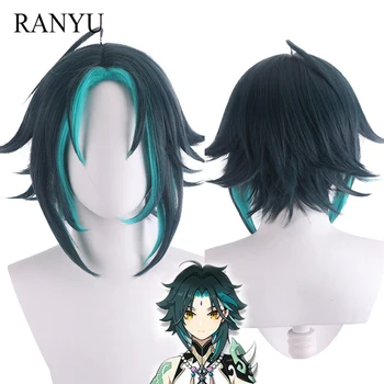 Парики RANYU Genshin Impact Xiao Синтетические Короткие прямые синезеленые смешанные градиентные парики для косплея для вечеринки