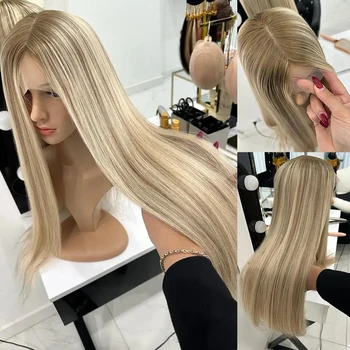 Высококачественный Прямой парик из натуральных европейских волос Cool Blonde Balayage Подчеркивает Полный кружевной парик HD 13x6 Кружевной топ спереди Парик 200%