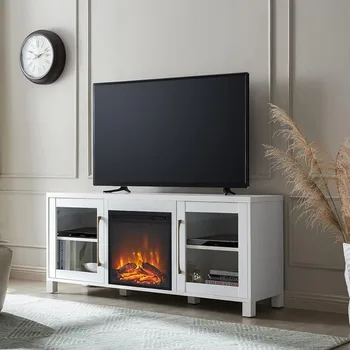 Прямоугольная подставка для телевизора Henn & Hart с дровяным камином для телевизора до 65 дюймов белого цвета, Подставки для телевизора с электрическим камином для гостиной