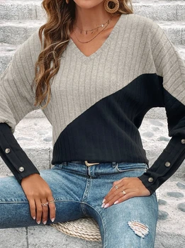 Модные женские блузки 2023, осенний контрастный тонкий топ с длинным рукавом и V-образным вырезом, повседневный базовый женский пуловер, одежда