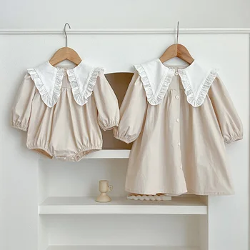 2024 Новая весенняя одежда для сестер, детское праздничное платье из хлопка с длинными рукавами, однотонное платье принцессы сращивания, боди для малышей, детские боди