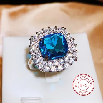 Элегантная подушка с преувеличенным синим кубическим цирконием, кольцо из стерлингового серебра 925 пробы для женщины, Серебряные кольца на Годовщину свадьбы, женские кольца серебряного цвета