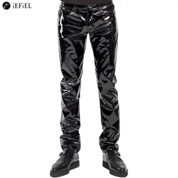 Мужские блестящие джинсы цвета металлик, брюки с прямыми штанинами из искусственной кожи, для вечеринки в ночном клубе, дискотеки, танцев, мотоциклетные байкерские брюки, клубная одежда