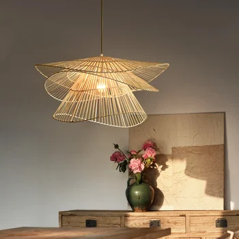 Креативные подвесные светильники, Новый подвесной светильник для столовой, Люстра для гостиной с бамбуковой плетеной лампой из ротанга, Декор для дома
