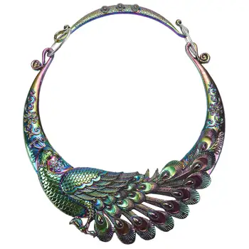Ретро Этническое Резное фиолетово-зеленое Павлинье Большое ожерелье, Индийские Макси Ювелирные изделия, женское Преувеличенное ожерелье, ювелирные изделия