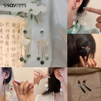 1 пара винтажных элегантных зажимов для ушей в китайском стиле, уникальные длинные серьги-капли из искусственного нефрита для женщин, модный классический ювелирный подарок