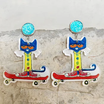Акриловые серьги для скейтбординга Learn Cat, Булавка для ушей из нержавеющей стали, синий автомобиль, животное, студент, учитель, Серьги для женщин, Подарочные украшения