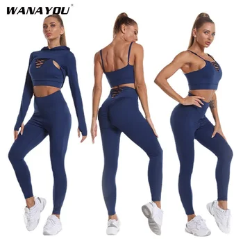 Женские бесшовные комплекты одежды для тренировок WANAYOU, 3 шт., спортивная одежда для йоги, спортивный костюм, леггинсы и эластичный спортивный бюстгальтер для фитнеса