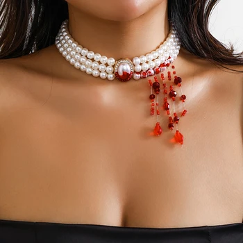 Хэллоуин Harajuku Красный кристалл Колье из бисера Готический многослойный имитация жемчуга ожерелье на ключицу Женские украшения для косплея