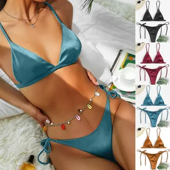 Бикини, сексуальный комплект пляжной одежды, женский, 2 предмета, сексуальный купальник с завязками сбоку, треугольное бикини, Летний бразильский купальник Пуш-ап, одежда