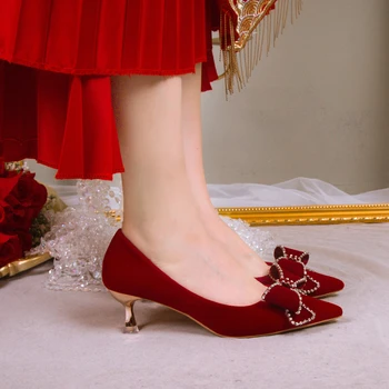2022 Весна / осень, Новая женская обувь элитного бренда на высоком каблуке с бантом, Красные свадебные туфли со стразами, туфли-лодочки на тонком каблуке, однотонные