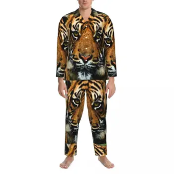 Пижама Мужская с тигровым принтом, пижамы для спальни с животными, эстетичный пижамный комплект из 2 предметов, длинные рукава, теплый домашний костюм большого размера