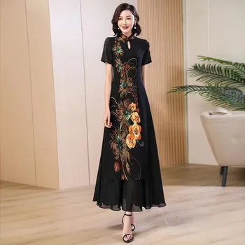 Новое черное длинное ципао, традиционная китайская одежда, модный современный китайский Чонсам, тренд A-line, женские платья Ao Dai для женщин