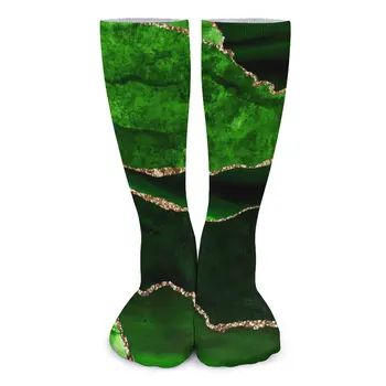 Чулки с мраморным принтом, зеленые с золотым узором, забавные носки, зимние противоскользящие носки, женские мужские мягкие носки для скейтборда.
