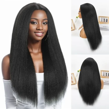 Черные кудрявые прямые парики WIgera длиной 22 дюйма, парик из прямых синтетических волос Яки, дешевые парики для чернокожих женщин, полностью изготовленные машинным способом.