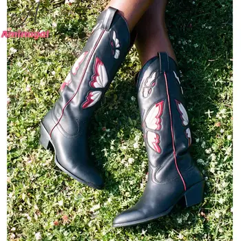 Дизайнерские ковбойские сапоги с цветочным принтом, летние весенние женские ботинки до середины икры с острым носком и тиснением в виде бабочки, удобная обувь