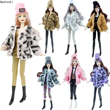 Модная кукольная одежда с леопардовым мехом, комплект одежды для Барби, аксессуары для кукол 1/6 для Барби, пальто, укороченные брюки, Шляпа, Ботинки, игрушки