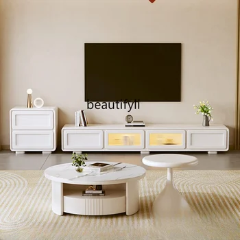 Напольный шкаф для телевизора в кремовом стиле, Современная минималистичная гостиная, Маленькая квартира, журнальный столик, подставка для телевизора, Комбинированная мебель