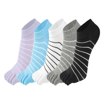 Хлопковые носки с пятью пальцами для женщин, однотонные полосатые Белые Фиолетовые Розовые синие Дышащие короткие гольфы с носками