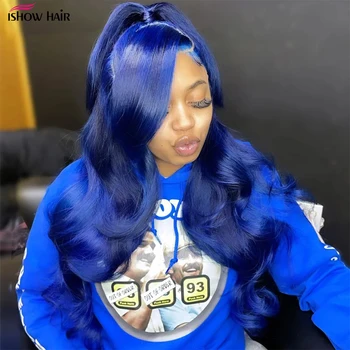 Синий парик с кружевом спереди, предварительно выщипанный бесклеевой объемный парик из человеческих волос для женщин, бразильский прозрачный парик с кружевом спереди 13x4 HD