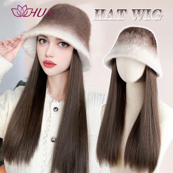 Парик HUAYA Hat One Женская Зимняя новая градиентная шляпа-ведро с длинными прямыми волосами, теплая плюшевая рыбацкая шляпа для волос на ключицах