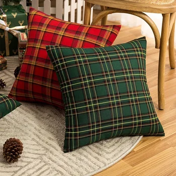 Рождественский клетчатый чехол для подушки, хлопковые Декоративные подушки для гостиной на диване-кровати, классический Зелено-красный чехол для подушки, подарок для домашнего декора.