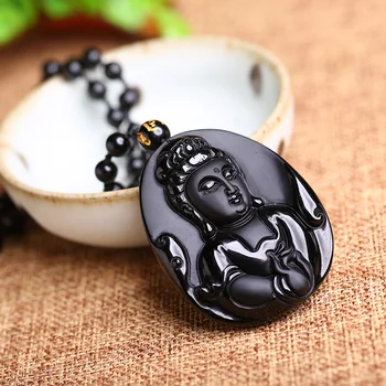 40x50 мм Китайский Черный натуральный Обсидиан с резьбой Авалокитешвара Ю кулон счастливое ожерелье