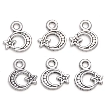 50шт Антикварные посеребренные подвески в виде Луны и звезды для ожерелья, изготовления ювелирных изделий, поделок ручной работы, 8,5x9,5 мм