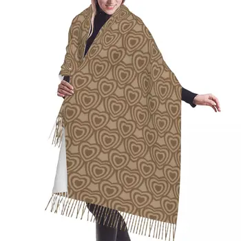 Коричневый шарф с рисунком сердечек Y2k, женская Длинная Зимняя осенняя теплая шаль с кисточками, Модные Универсальные шарфы унисекс